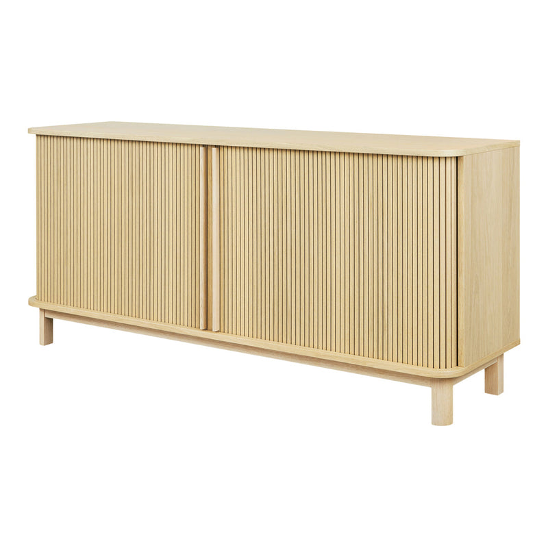 Light wood storage cabinet with a minimalist design featuring vertical ribbed patterns and a natural finish.