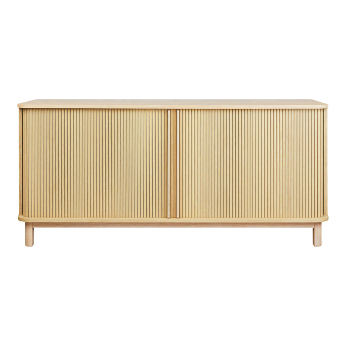 Natural wood TV cabinet with vertical ribbed pattern and light beige finish. Perfect for modern, minimalist decor.
