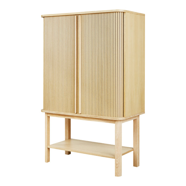 Light natural wood cabinet with ribbed texture and minimalist design, featuring a bottom shelf.