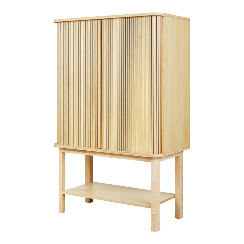 Light natural wood cabinet with ribbed texture and minimalist design, featuring a bottom shelf.