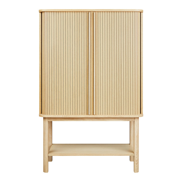 Natural wood cabinet with vertical ribbed pattern and light beige finish, featuring an open shelf below.