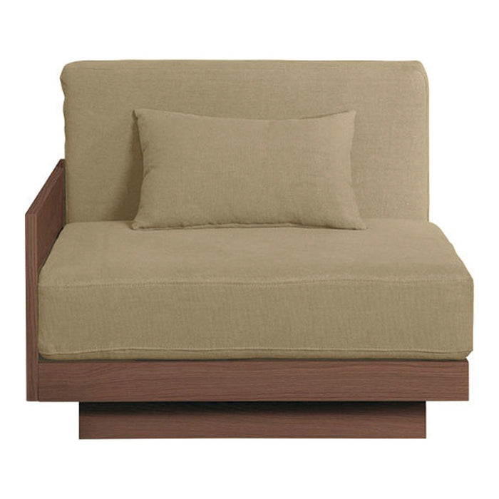 Beige upholstered chair with a solid wood frame, featuring a textured fabric cushion and matching throw pillow.