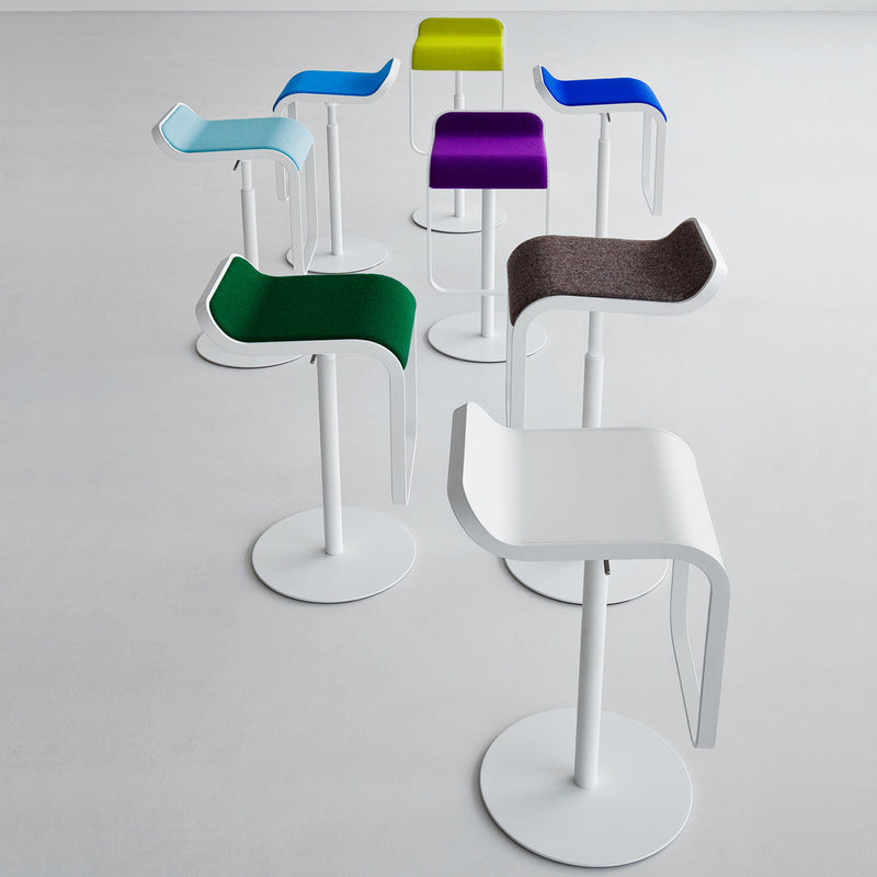 "Colorful modern bar stools in assorted shades of blue, green, purple, and white with smooth and textured finishes."