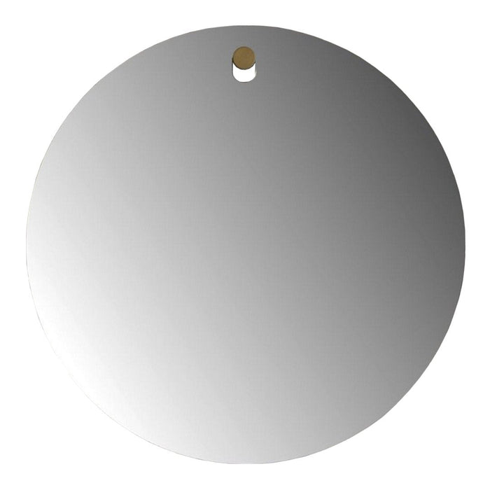 Round mirror with a sleek silver finish and a minimalist design featuring a small gold accent.
