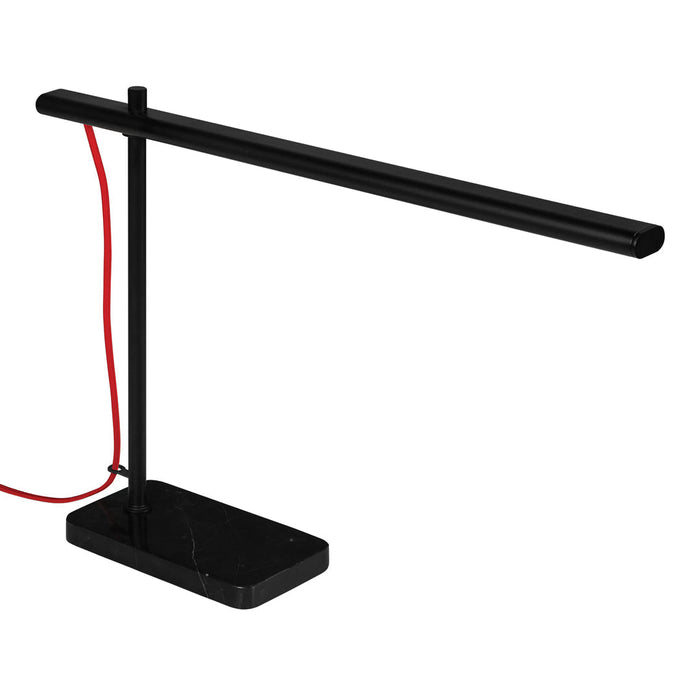 Sleek black desk lamp with a minimalist design and vibrant red cord, perfect for modern decor.