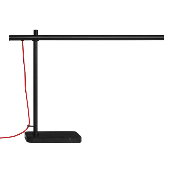 Sleek black desk lamp with a minimalist design, featuring a striking red power cord for a modern touch.