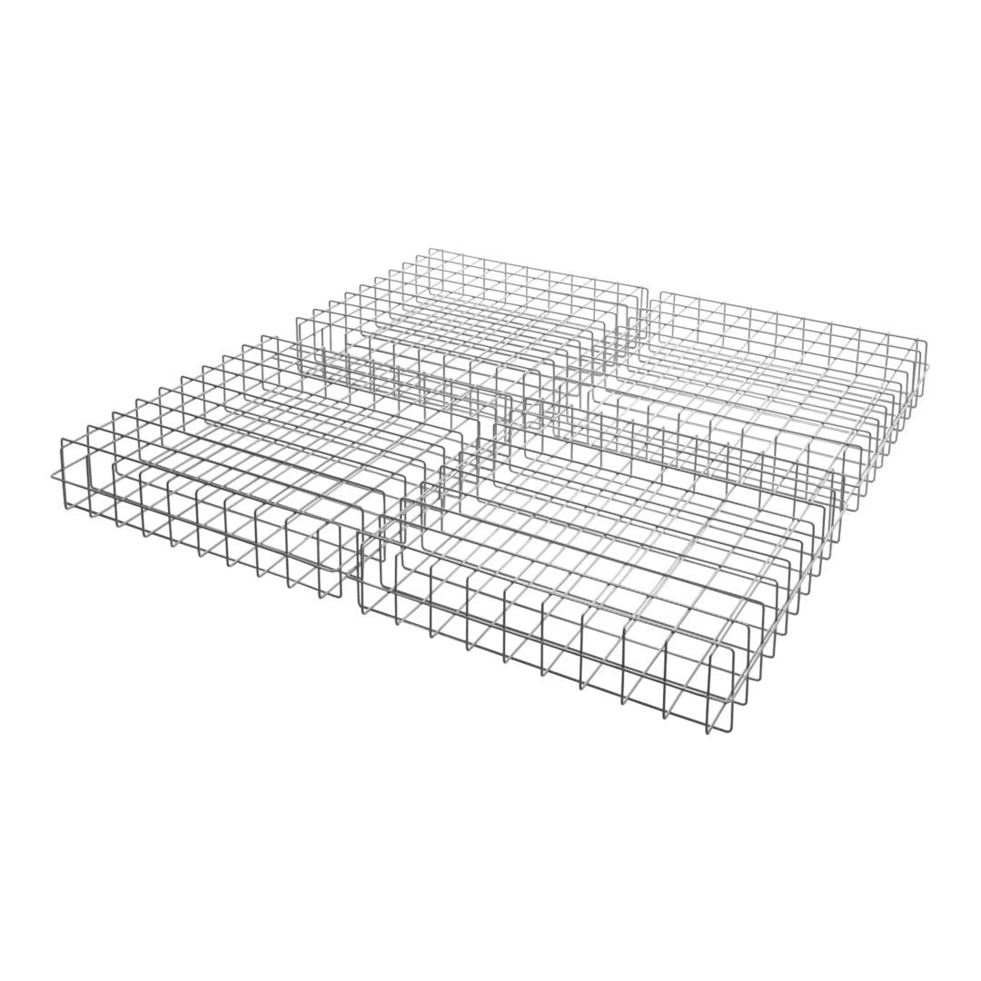 Square wire storage baskets in a sleek silver finish with open-grid pattern for optimal visibility and ventilation.