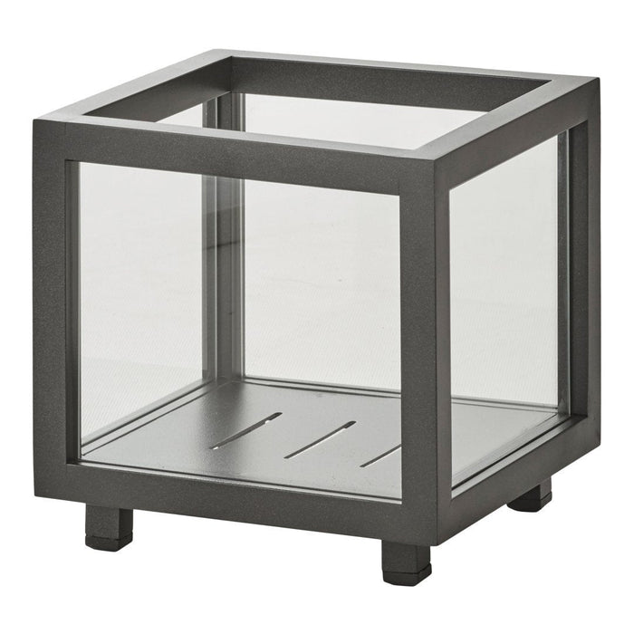 Sleek black metal and clear glass square container with a minimalist design and open base.