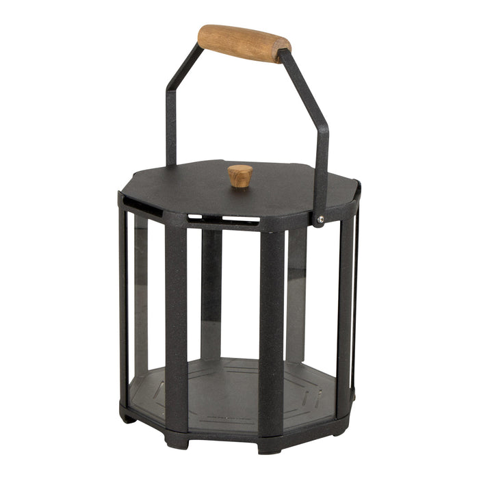 Black metal lantern with a geometric octagonal shape and a light wood handle. Perfect for modern decor.