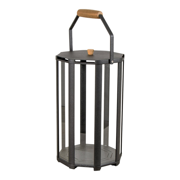Black metal lantern with clear glass panels and a wooden handle, featuring a sleek, modern design.