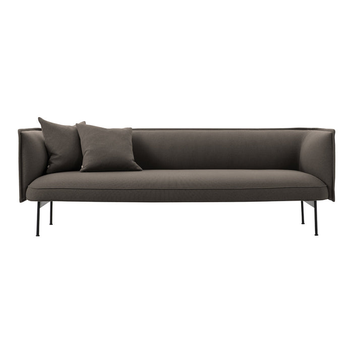 Sleek gray sofa with two matching cushions, featuring a smooth fabric texture and minimalistic design.