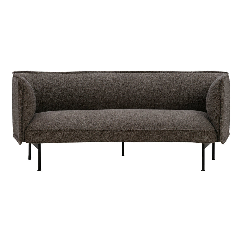 Stylish dark brown sofa with clean lines and textured fabric, featuring minimalist black metal legs.
