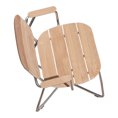 Light wood chair with a minimalist design, featuring slatted backrest and seat in a natural wood finish.