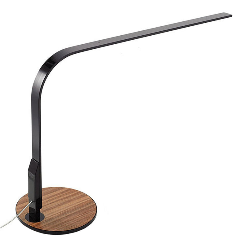 Black and wooden desk lamp with a sleek curved design and a round wooden base, perfect for modern interiors.