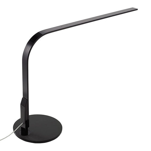 Sleek black desk lamp with a minimalist design and smooth, modern lines. Ideal for contemporary settings.