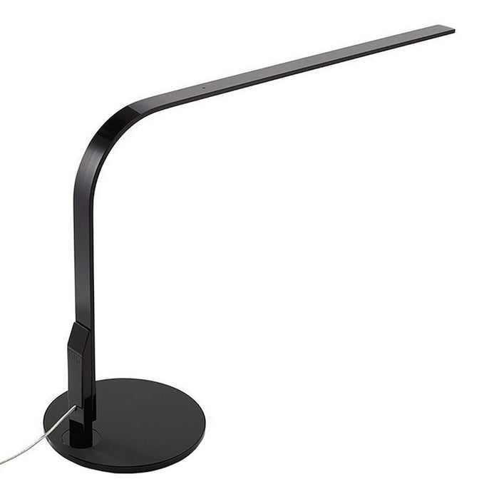 Sleek black desk lamp with a minimalist design and smooth, modern lines. Ideal for contemporary settings.