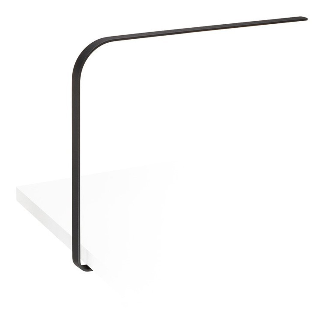 Sleek black metal lamp with a minimalist design against a white background, showcasing modern aesthetics.