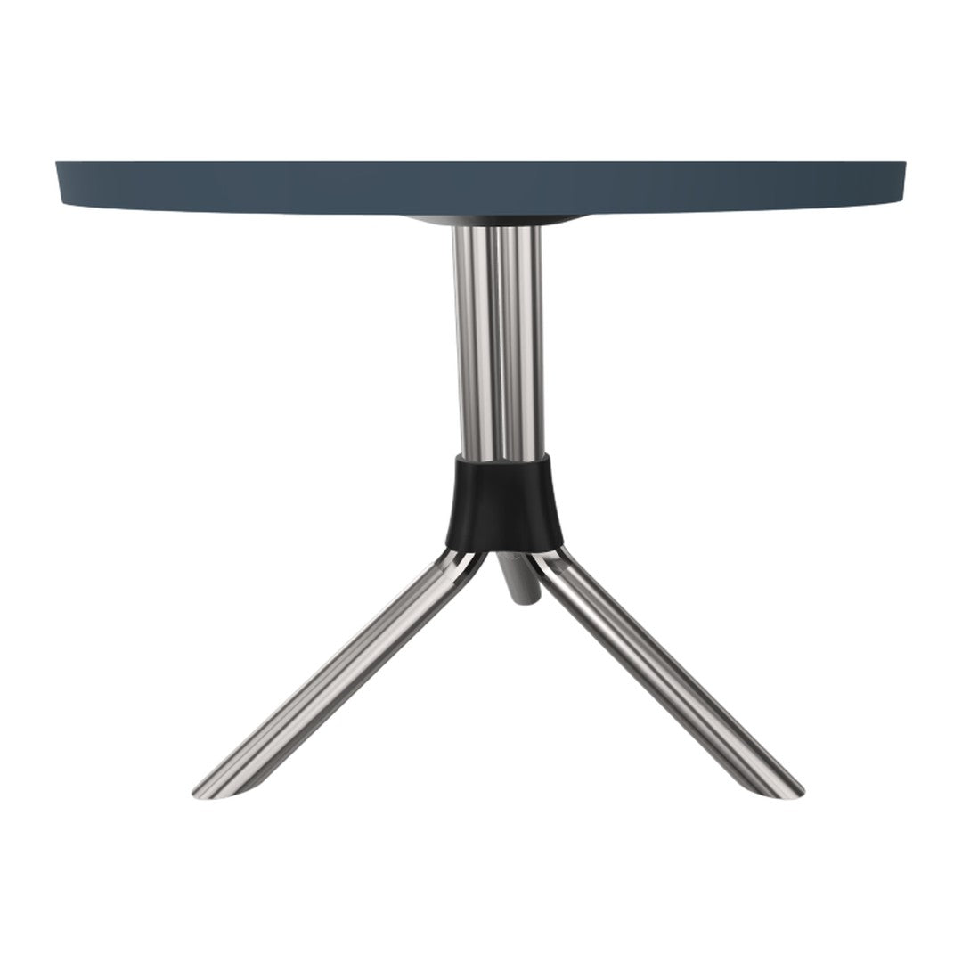 Round blue tabletop with sleek metallic silver legs and a black accent detail. Modern and stylish design.