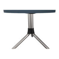 Round blue tabletop with sleek metallic silver legs and a black accent detail. Modern and stylish design.
