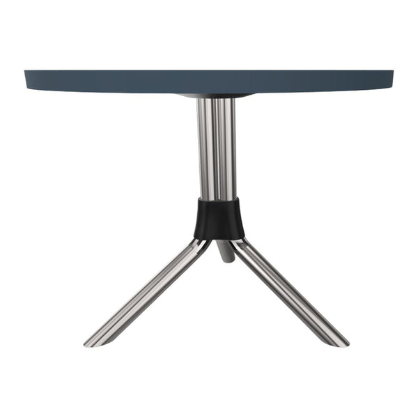 Round blue tabletop with sleek metallic silver legs and a black accent detail. Modern and stylish design.