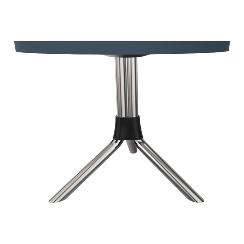 Round blue tabletop with sleek metallic silver legs and a black accent detail. Modern and stylish design.