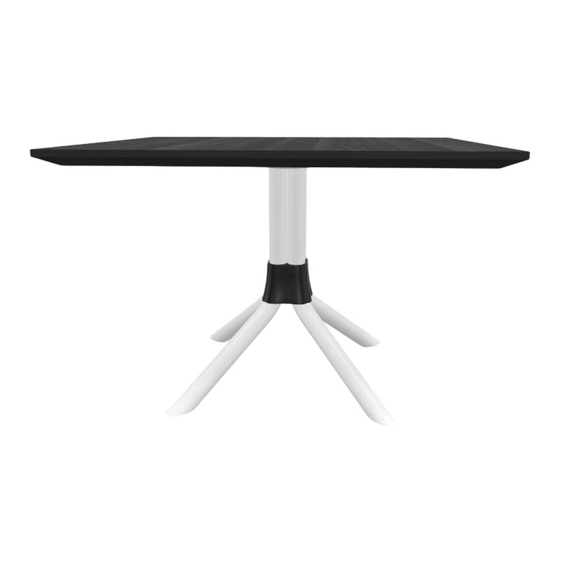 Black tabletop with subtle wood grain, supported by a sleek white and black tripod base. Modern and minimalist design.