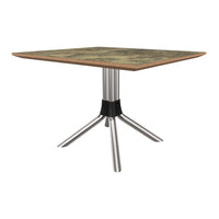 Square dining table with a green marbled top and chrome legs, featuring a sleek modern design and sturdy black base.