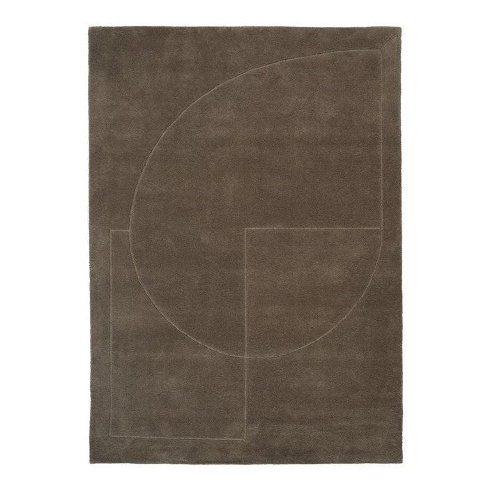 Brown area rug featuring modern geometric patterns in soft, muted tones. Perfect for contemporary decor.