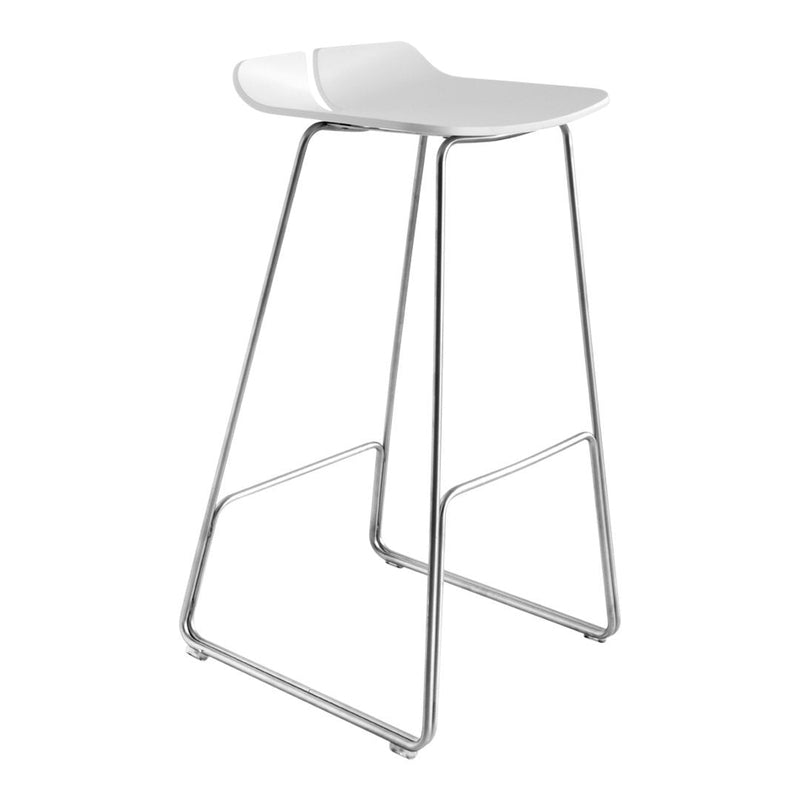 White modern bar stool with a sleek chrome frame, featuring a simple and minimalist design. Perfect for contemporary spaces.
