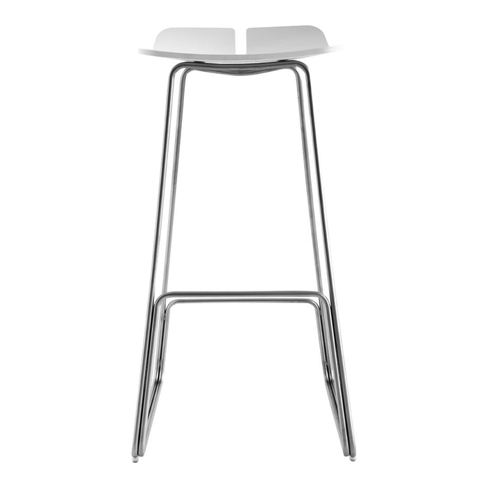 White bar stool with a sleek chrome frame, featuring a minimalist design and smooth, clean lines.