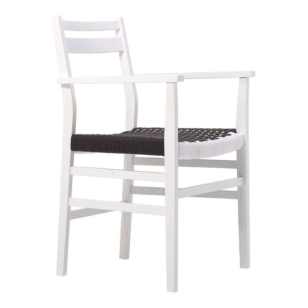 White wooden chair with a black woven seat and backrest, featuring simple, modern lines and a minimalist design.