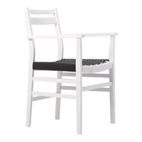White wooden chair with a black woven seat and backrest, featuring simple, modern lines and a minimalist design.