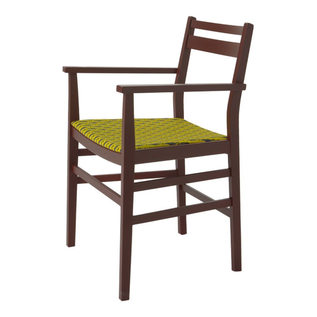 Wooden chair with a dark brown frame and a vibrant yellow geometric-patterned seat.