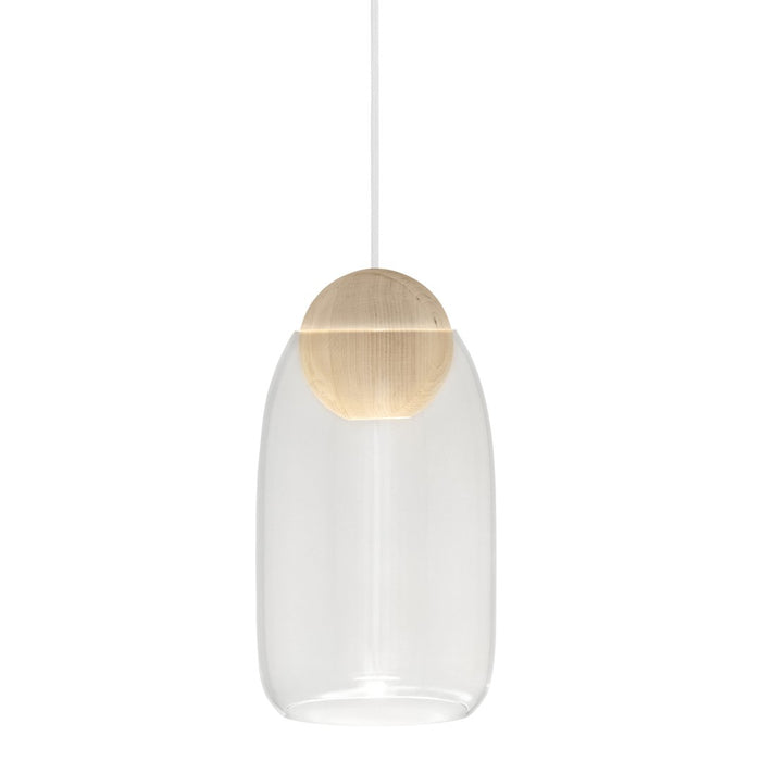Clear glass pendant light with a natural wood accent, featuring a sleek, modern design. Perfect for contemporary spaces.