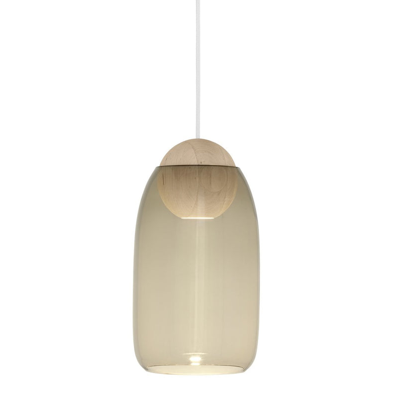 Sleek beige glass pendant light with a natural wood accent, minimalist design, perfect for modern decor.