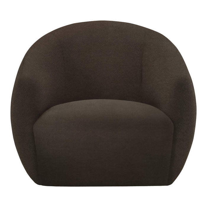 Dark brown upholstered chair with a smooth, rounded design and no visible patterns.