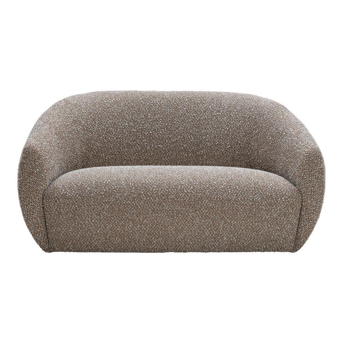 Taupe fabric two-seater sofa with a soft, textured pattern for cozy and modern decor.
