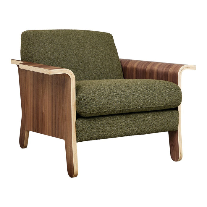 Green textured upholstery with warm wooden accents in a modern chair design. Perfect for any stylish living space.