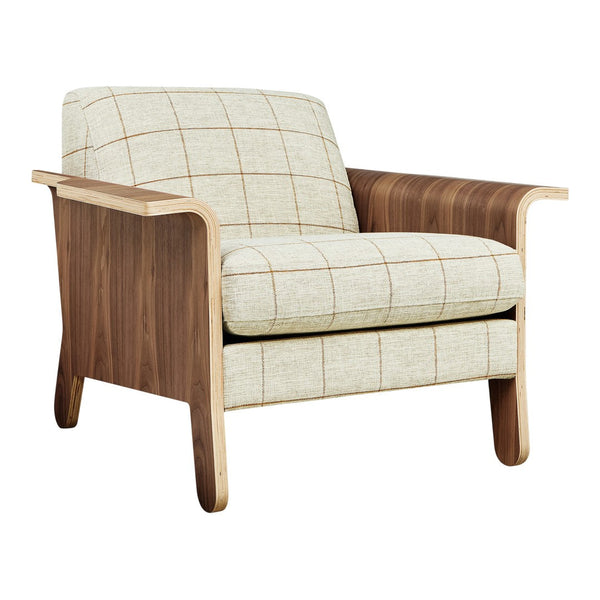 Light beige upholstered armchair with a grid pattern, featuring walnut wood accents and a modern design.