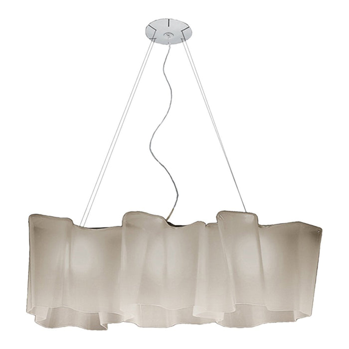 White ruffled pendant lamp with a sleek silver ceiling mount and transparent cords, ideal for modern decor.