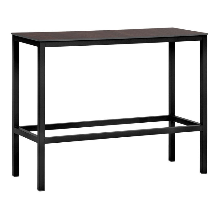 Black metal frame console table with a solid dark wood top; minimalist design complements various decor styles.