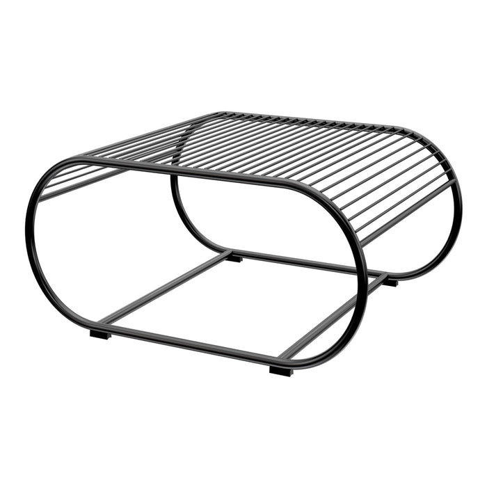 Black metal coffee table with a minimalist design and striped surface. Modern, sleek lines complement any decor.