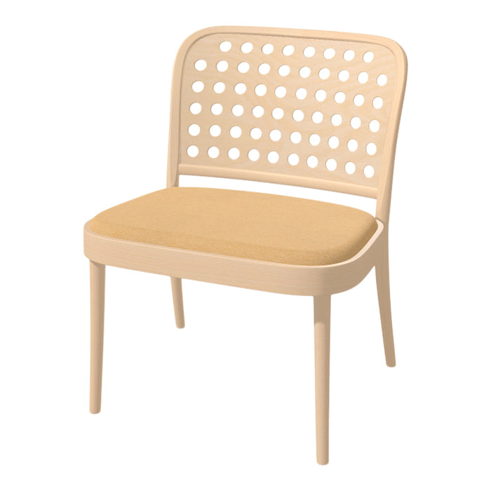 Beige chair with a perforated back design and a soft yellow cushion, perfect for modern decor.