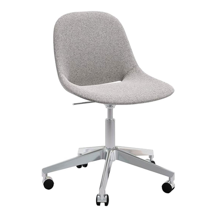 Light gray upholstered desk chair with a textured fabric and a chrome base on wheels. Modern and versatile design.