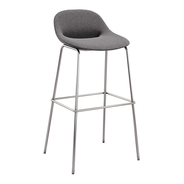 Gray upholstered bar stool with a smooth, modern design and sleek metallic legs. Perfect for contemporary spaces.