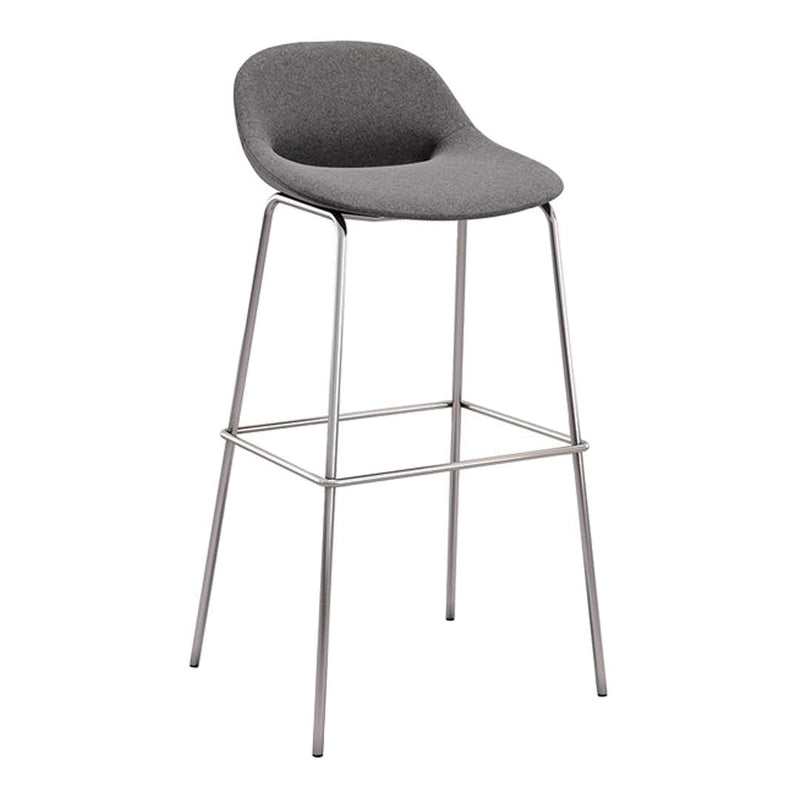 Gray upholstered bar stool with a smooth, modern design and sleek metallic legs. Perfect for contemporary spaces.