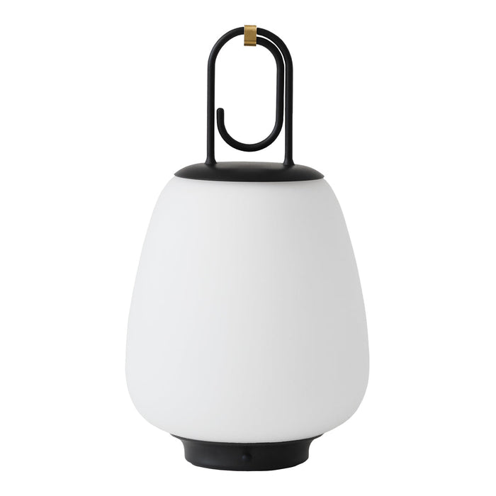 White modern lantern with a smooth finish and black accents, featuring a sleek hook design for easy hanging.