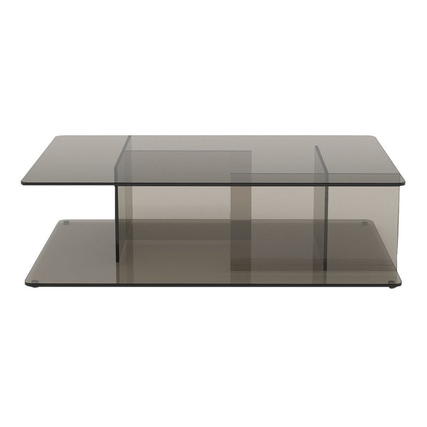 Smoky gray glass coffee table with a sleek, modern design and minimalist pattern. Ideal for contemporary interiors.