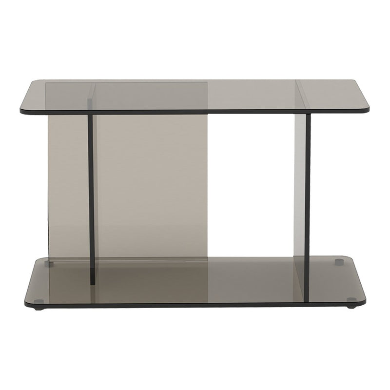 Smoky gray glass console table with sleek black frame and minimalist design. Perfect for modern decor.