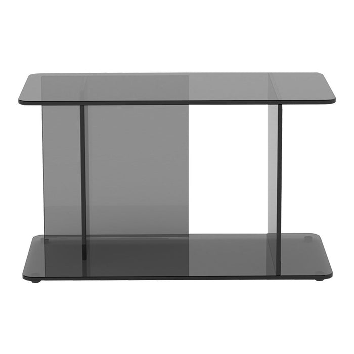 Sleek black glass console table with a minimalist design and smooth, transparent surfaces. Ideal for modern interiors.
